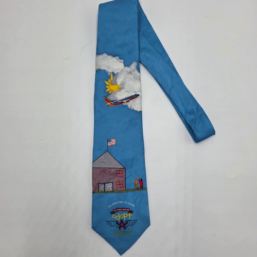 Southwest Airlines Adopt A Pilot 10 Years Silk Tie Blue Graphic Airplane Mens